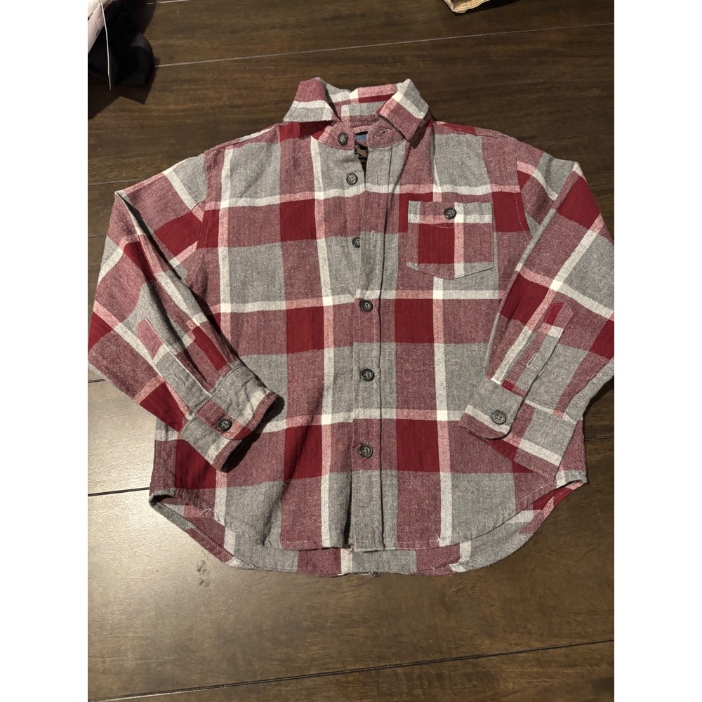 First Wave Kids Red Grey Plaid Flannel Button Down Shirt Size 4/5 Long Sleeve